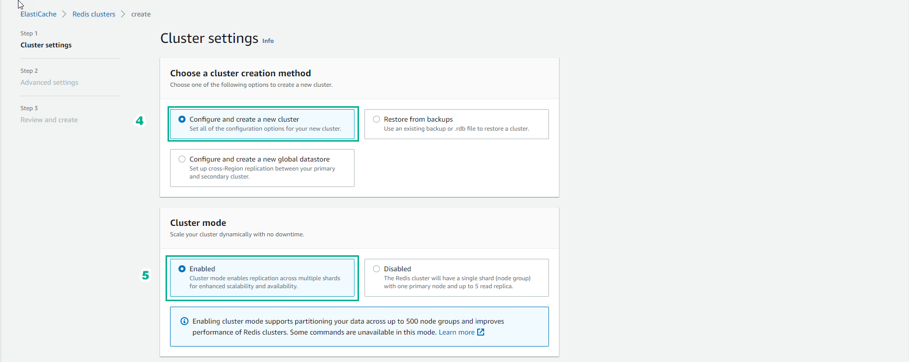 Create Cluster (cluster mode enable)